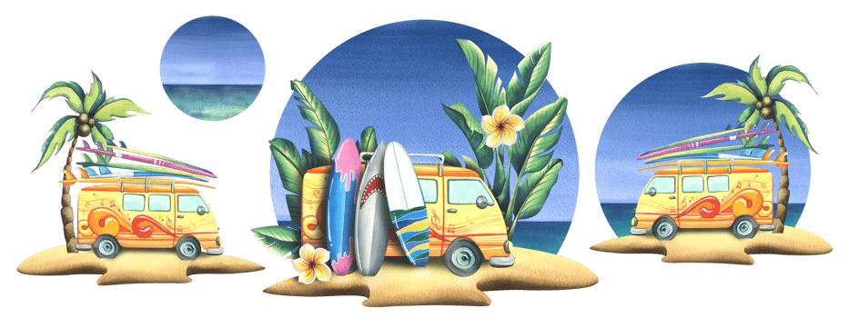 A tropical island with van, surfboards, palm trees against the sky and sea. Watercolor illustration hand drawn. A bright and juicy isolated compositions png