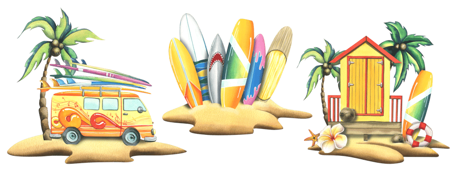 A yellow van with surfboards and beach cabin on a sandy island with a coconut palm. Watercolor illustration hand drawn. Isolated compositions png