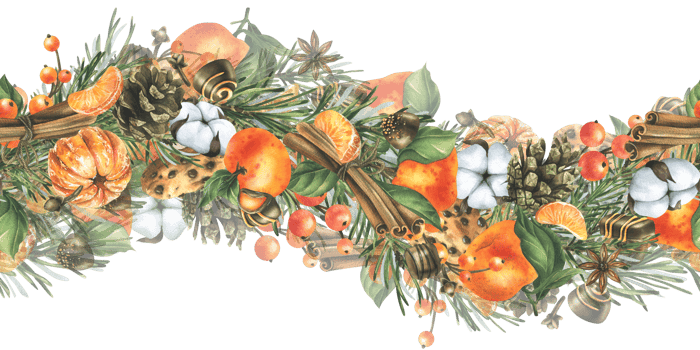 Christmas decor with tangerines, champagne, sweets and pine branches. Watercolor illustration, hand drawn. For congratulations and holiday. Horizontal seamless garland png