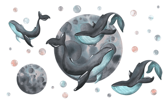 Black whales with turquoise color with the moon and bubbles. Watercolor illustration hand drawn. Composition with elements png