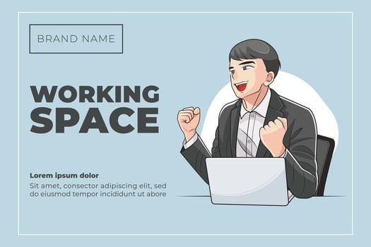 Working space landing page. Young businessman showing yes gesture with laptop on table pro download vector