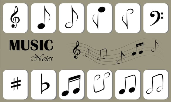 Music notes flat vector set isolated on black and white background. Song, melody or tune vector illustration. Music note icon for musical apps and websites. Music symbol. Music pentagram.