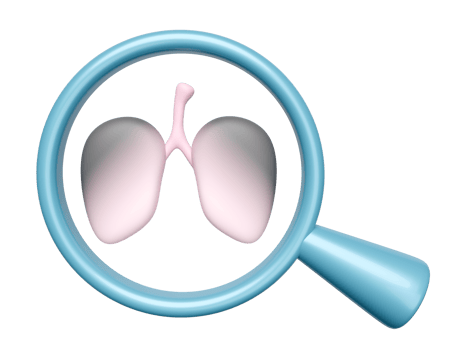 3d black lungs with magnifying glass isolated  Examine the health of the lungs and find out the cause of the disease, 3d render illustration png