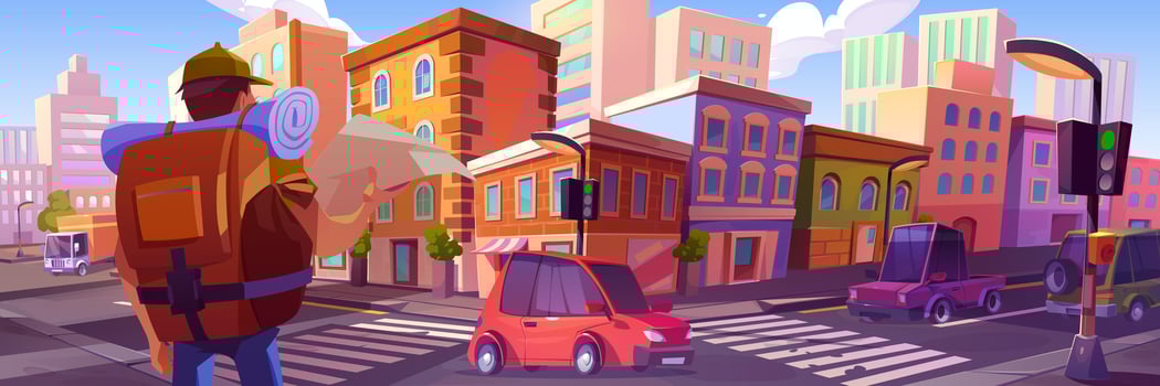 Man with map explore city street vector background
