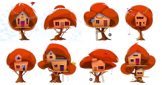 Autumn wood tree house with ladder cartoon set vector