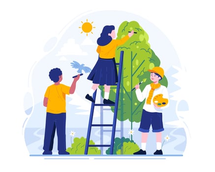 Happy Children's Day concept illustration. Kids painting and drawings on the wall. Children with crayons and brushes to paint and draw vector