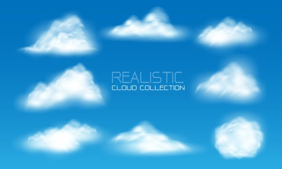 Realistic white cloud fog smoke set collection on blue sky background vector