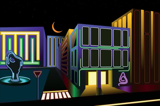 Cyberpunk neon town background. Colorful exterier city in vector