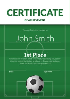 A 3D football ball vector illustration on a green field with on a certificate template. Celebrate success and achievement in soccer. Diploma perfect for awarding athletes and teams