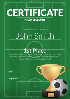 A vector illustration of a football certificate template with a trophy on a green field background. Perfect for recognizing success, achievement, and appreciation in football. For award ceremonies