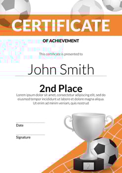 Vector illustration of football golden cup, certificate background in modern design as prize for 2nd place achievement in sports tournament, diploma signifying player's success and appreciation