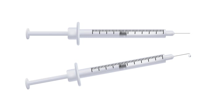 Realistic 3D syringe vector image set. Perfect for healthcare, hospitals, and medical concepts. Showcase the importance of injections, vaccines, and medication, pharmacy, clinics, and laboratory
