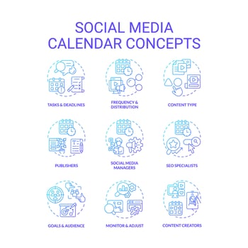 Social media calendar blue gradient concept icons set. Digital content. Online tool. Schedule planner. Internet blog. Marketing plan idea thin line color illustrations. Isolated symbols vector