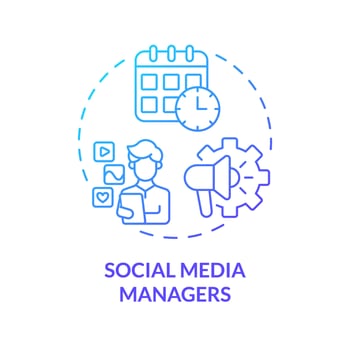Social media managers blue gradient concept icon. Digital marketing. Content plan. Schedule post. Community management abstract idea thin line illustration. Isolated outline drawing vector