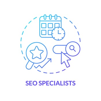Seo specialists blue gradient concept icon. Website ranking. Search engine optimization. Content strategy. Digital marketing abstract idea thin line illustration. Isolated outline drawing vector
