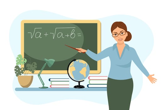 Female teacher in the classroom. The concept of school and learning, teacher's day. Vector illustration in flat cartoon style