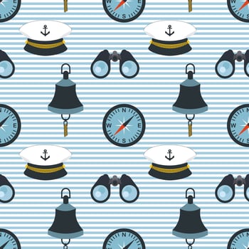 Nautical seamless pattern, compass, binoculars, captain's cap and ship's bell on a background with waves. Background, print, textile, wallpaper vector