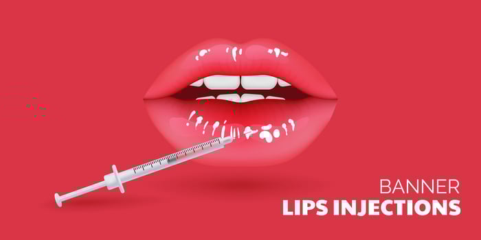 3D illustration of realistic lips undergoing a cosmetic procedure for aging care. Beauty clinic concept showcases the correction and contouring of lips using fillers injections. Ideal for health care vector