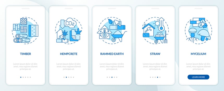 Bio based building materials blue onboarding mobile app screen. Walkthrough 5 steps editable graphic instructions with linear concepts. UI, UX, GUI templated vector