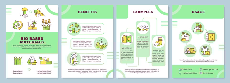 Bio based materials green brochure template. Biobased products. Leaflet design with linear icons. Editable 4 vector layouts for presentation, annual reports