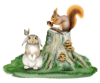 Squirrel sitting on tree stump with mushrooms and bunny rabbit with butterfly on green grass watercolor forest woodland scene illustration for kids room designs png