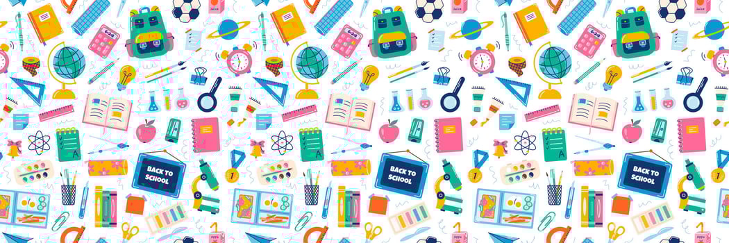 School supplies, vector seamless pattern, back to school on white background