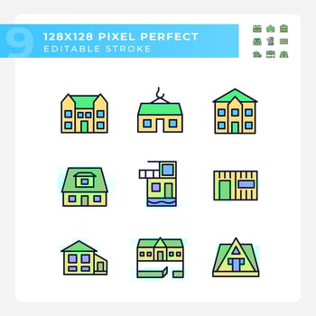Suburban real estate pixel perfect RGB color icons set. Holiday property rent. Bungalow and villa. Countryside. Isolated vector illustrations. Simple filled line drawings collection. Editable stroke
