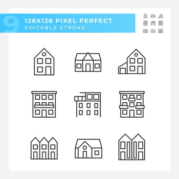 Property purchase pixel perfect linear icons set. Real estate agency. Apartments and houses. Luxury property. Customizable thin line symbols. Isolated vector outline illustrations. Editable stroke