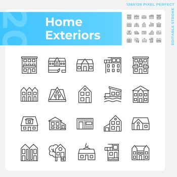 Home exteriors pixel perfect linear icons set. Real estate agency. Buying property. Detached house, mansion. Customizable thin line symbols. Isolated vector outline illustrations. Editable stroke