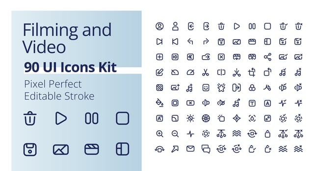 Video production pixel perfect linear ui icons kit. Filmmaking software. Footage settings. Movie editing tools. Motion picture. Outline isolated user interface elements. Editable stroke vector