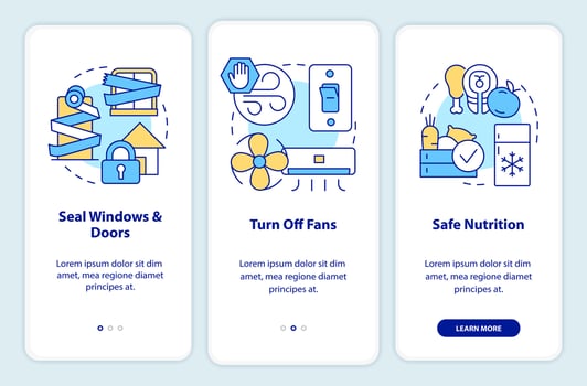 Actions at home during nuclear disaster onboarding mobile app screen. Walkthrough 3 steps editable graphic instructions with linear concepts. UI, UX, GUI templated vector