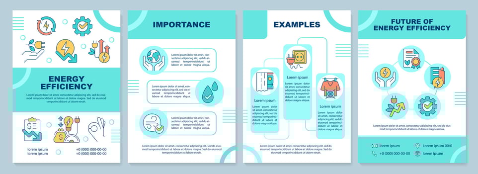 Energy efficiency turquoise brochure template. Leaflet design with linear icons. Editable 4 vector layouts for presentation, annual reports