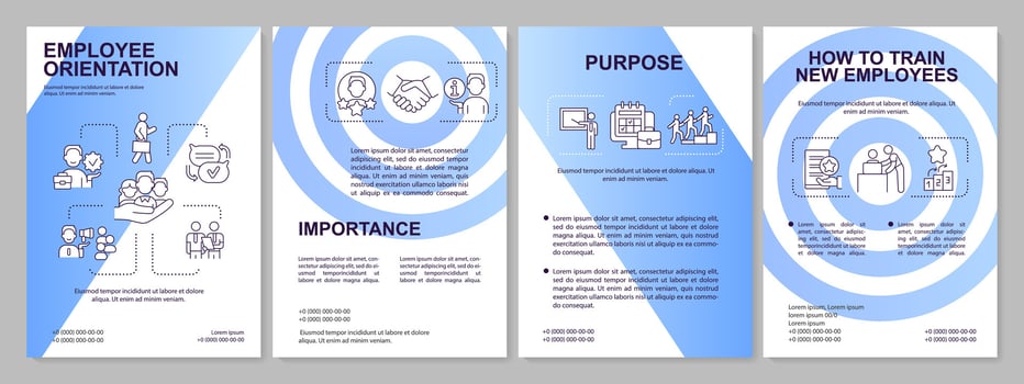 Employee orientation blue brochure template. Onboarding. Leaflet design with linear icons. Editable 4 vector layouts for presentation, annual reports
