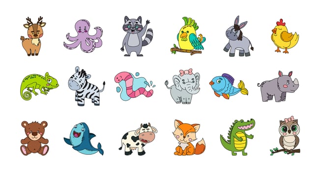 Animals Cute Doodle Set Vector Color Illustration Isolated on White Background