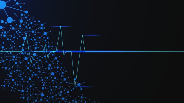 Healthcare heart with cardio pulse and molecules for medical background. Heart wave shows the rhythm of the heart on dark blue background. Vector illustration.