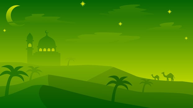 Islamic landscape vector illustration. Mosque landscape with mountain hill and shiny sky. Background landscape for islam religion and muslim faith. Wallpaper of design mountain with mosque silhouette