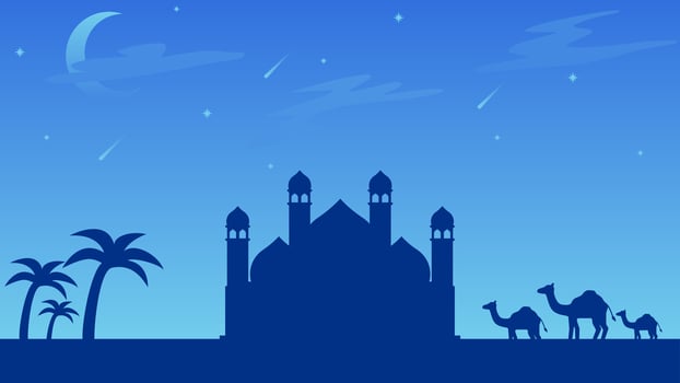 Islamic landscape vector illustration. Mosque landscape with mountain hill and shiny sky. Background landscape for islam religion and muslim faith. Wallpaper of design mountain with mosque silhouette
