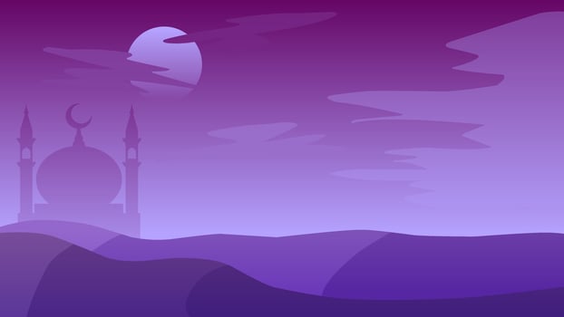 Islamic landscape vector illustration. Mosque landscape with mountain hill and shiny sky. Background landscape for islam religion and muslim faith. Wallpaper of design mountain with mosque silhouette