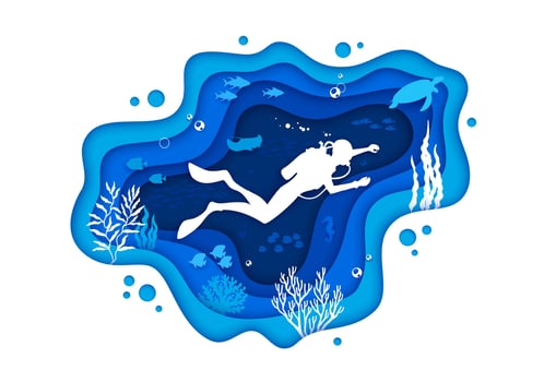 Diver on the ocean bottom sea paper cut underwater vector