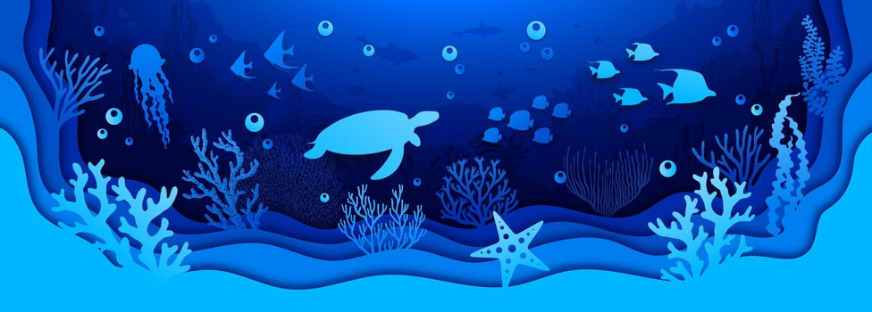 Underwater paper cut, sea landscape with turtle vector