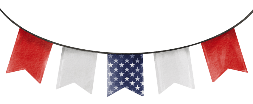 Hand painted hanging USA flag  in blue, white, red color  watercolor  brush paint isolate on png
