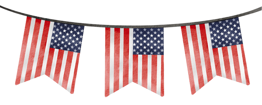 Hand painted hanging USA flag  in blue, white, red color  watercolor  brush paint isolate on png