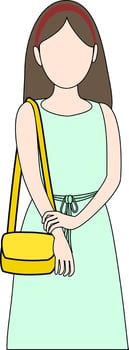 A long hair lady in a light green dress and red hair band with a yellow slender strap bag on her side shoulder stands elegantly. vector