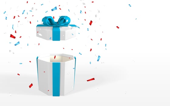 3D realistic white open gift box with blue bow. Paper box with ribbon, shadow and confetti isolated on white background. Vector illustration