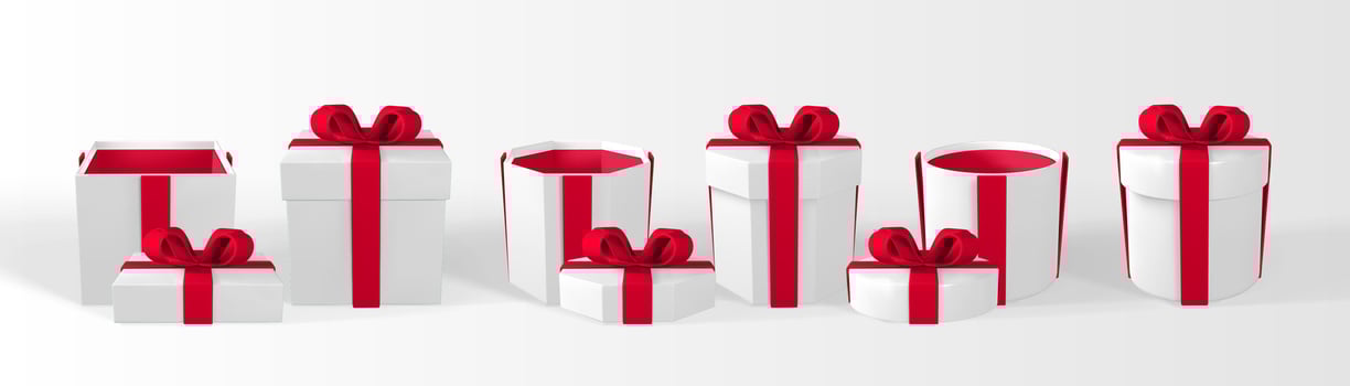 3D render and draw by mesh realistic gift box with bow. Paper box with shadow isolated on white background. Vector illustration