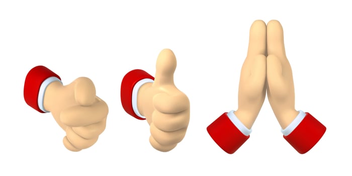 Cartoon character hand shows finger gestures. 3d render hand businessman in suit. Vector illustration