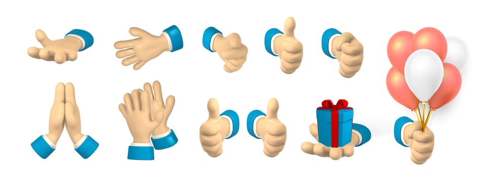 Cartoon character hand shows finger gestures. 3d render hand businessman in suit. Vector illustration