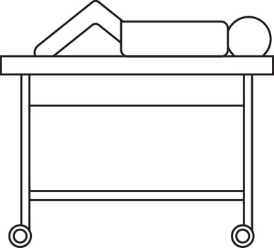 Black line art character of faceless male lying down in stretcher. vector