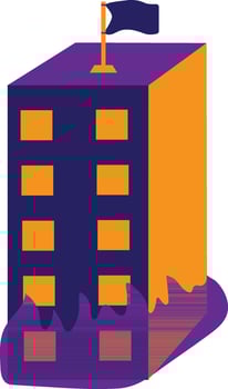 Blue flag on purple and orange burning building. vector