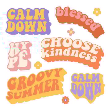 70s Colorful retro set of Hippie slogans, distorted vintage text and groovy floral elements. Motivational, inspirational vintage quote, lettering design for posters, t-shirt. Vector collection.